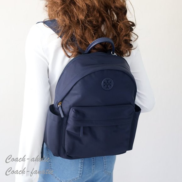 NWT Tory Burch Ella Logo Dual Zip Compartment Nylon Backpack in Tory Navy - Picture 2 of 11